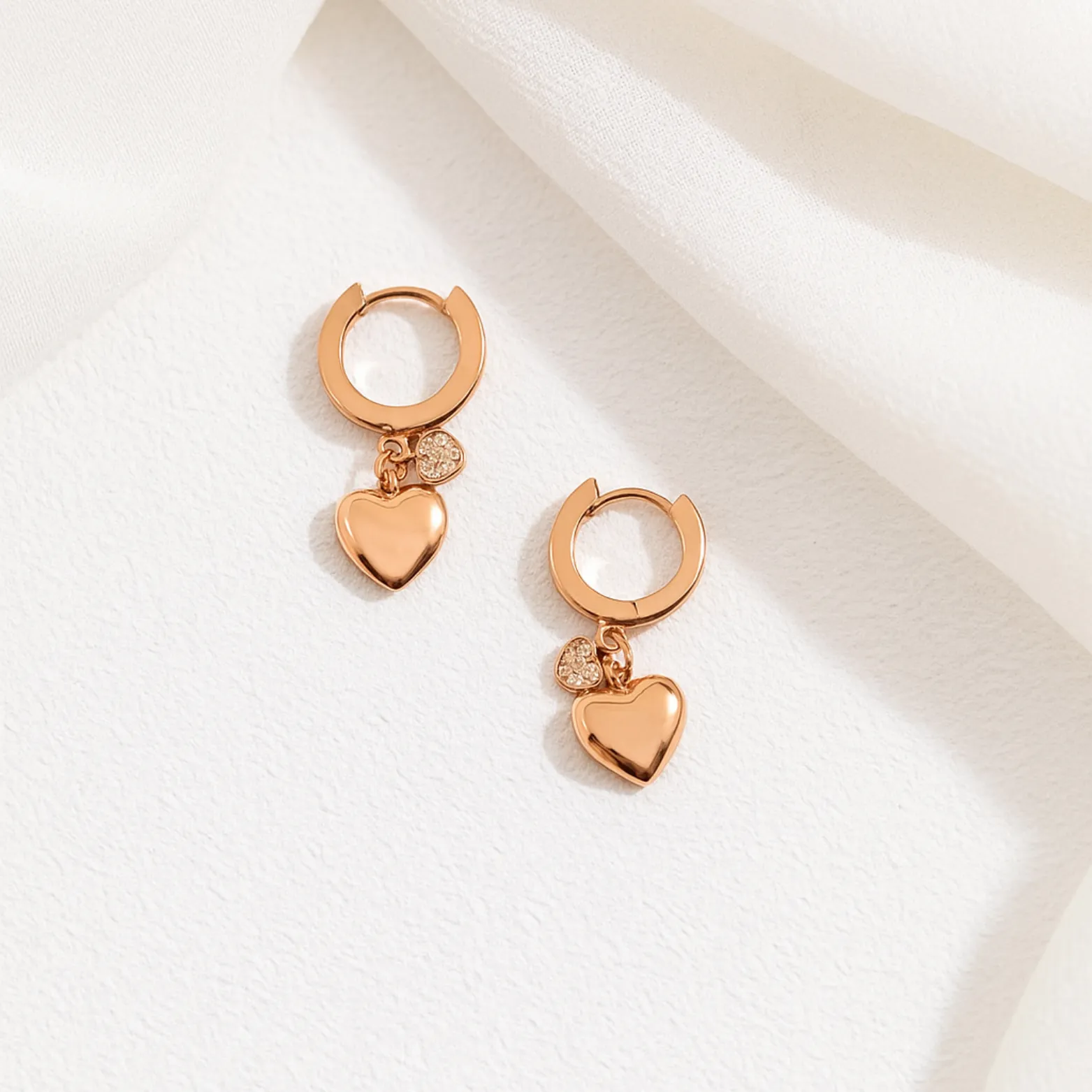 Rose Gold Heart Charm Hoop Earrings