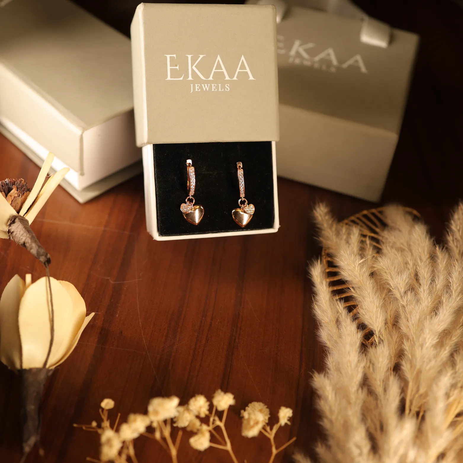 Rose Gold Heart Charm Hoop Earrings