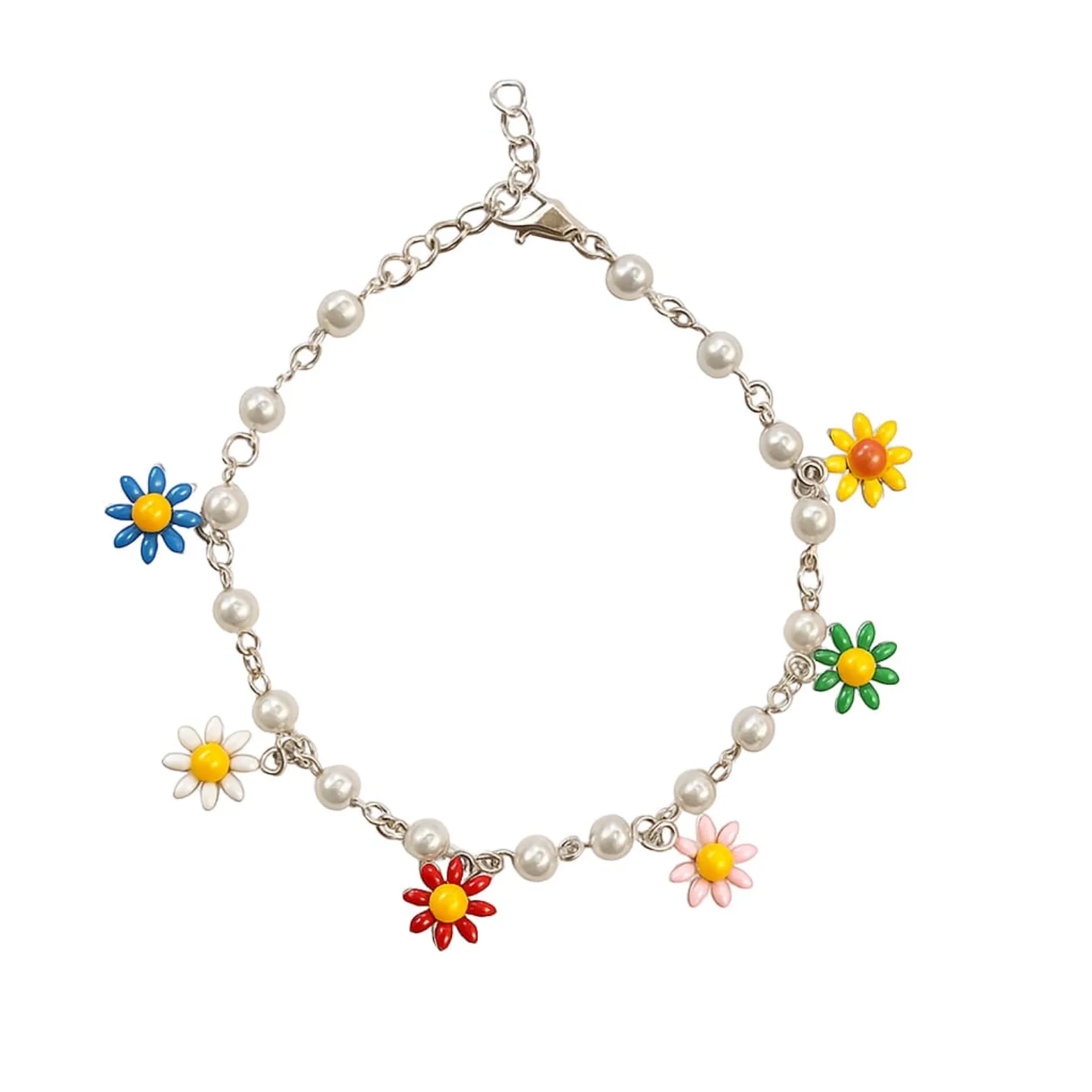 Colorful Daisy Charm Silver Bracelet