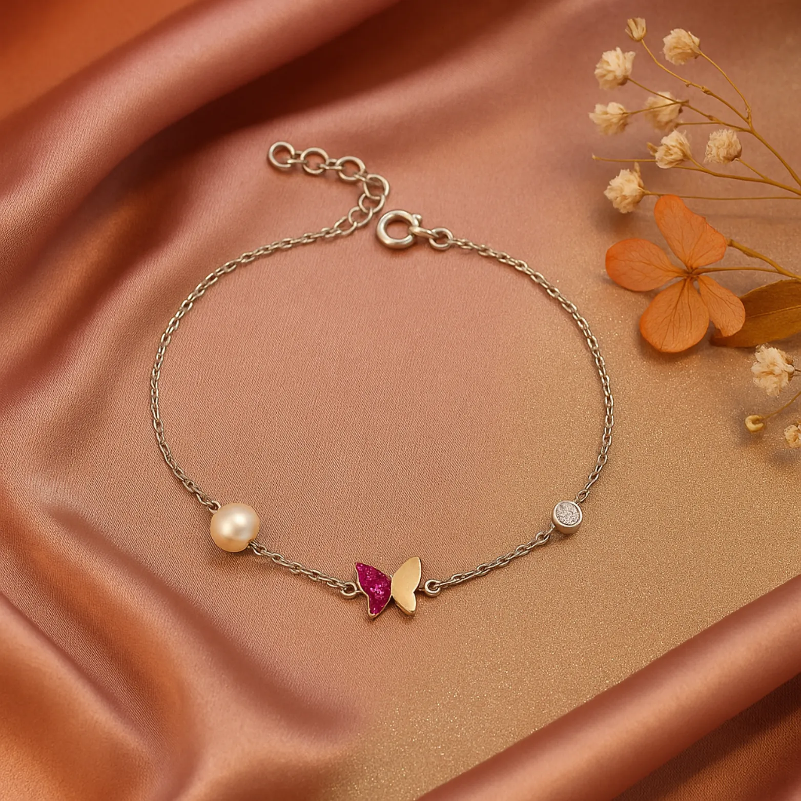 Butterfly Pearl Silver Charm Bracelet