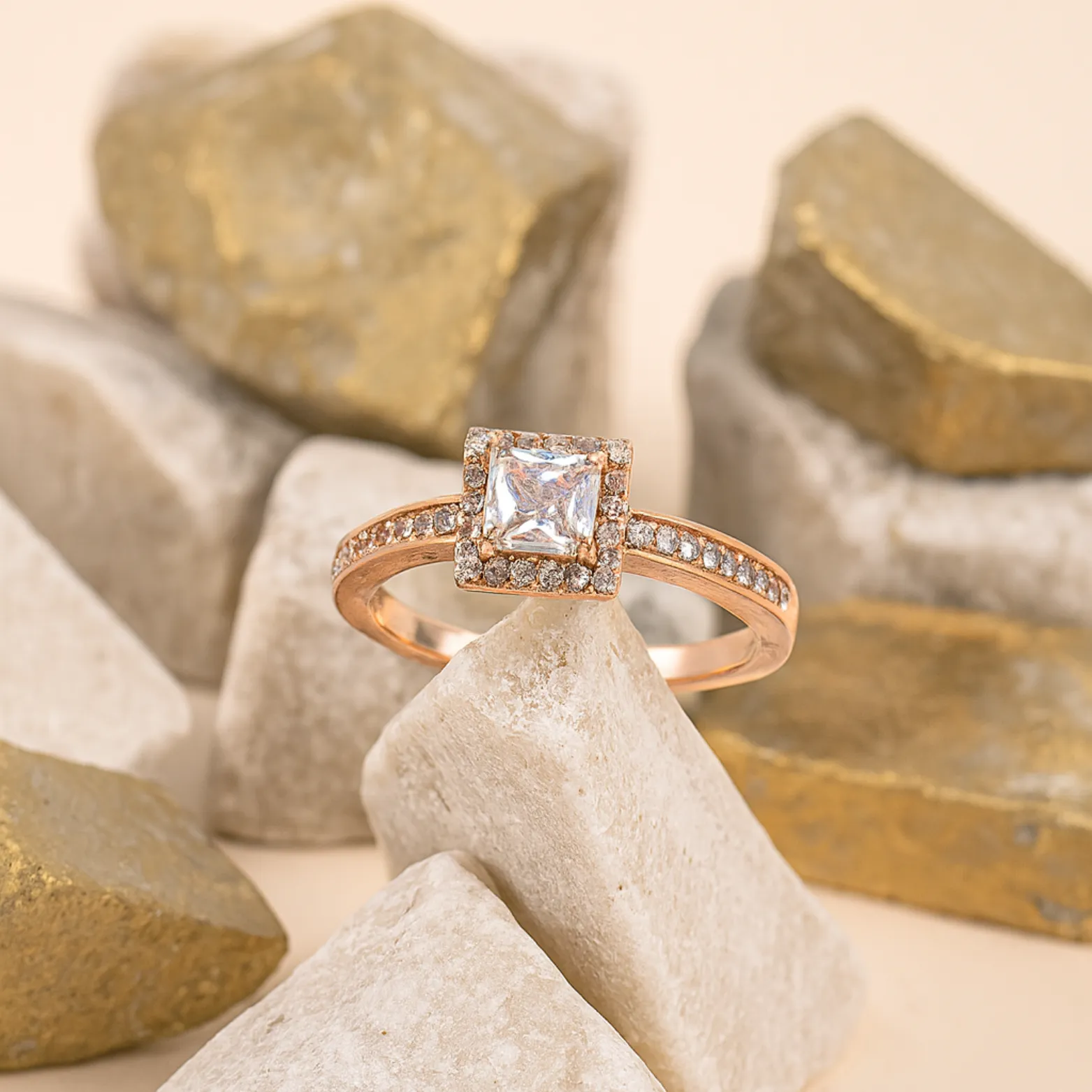 Princess Cut Halo Rose Gold Ring
