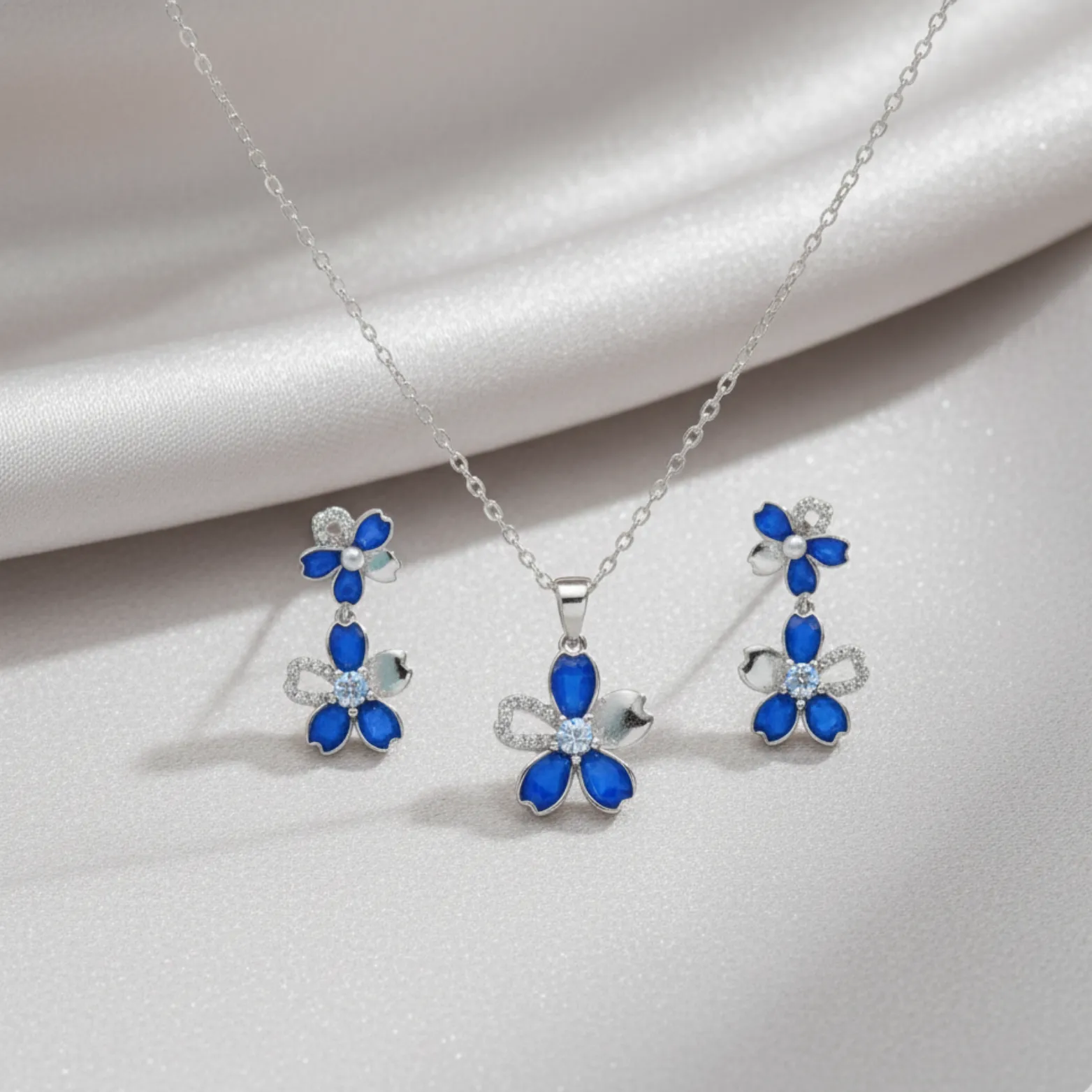 Blue Sapphire Blossom Pendant and Earrings Set