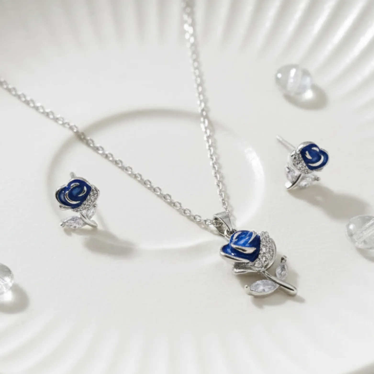 Blue Rose Bloom Silver Pendant and Earrings Set