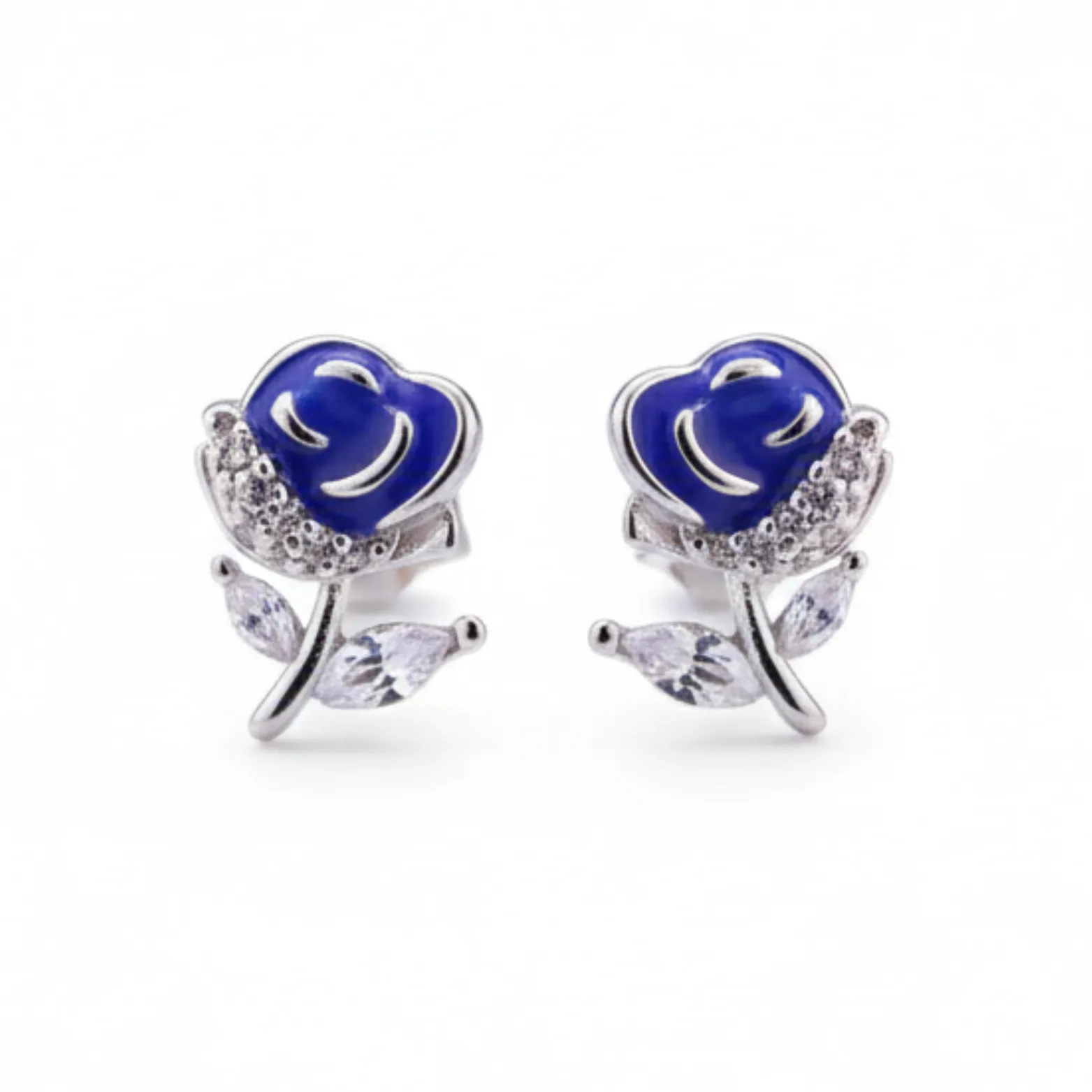 Blue Rose Bloom Silver Pendant and Earrings Set