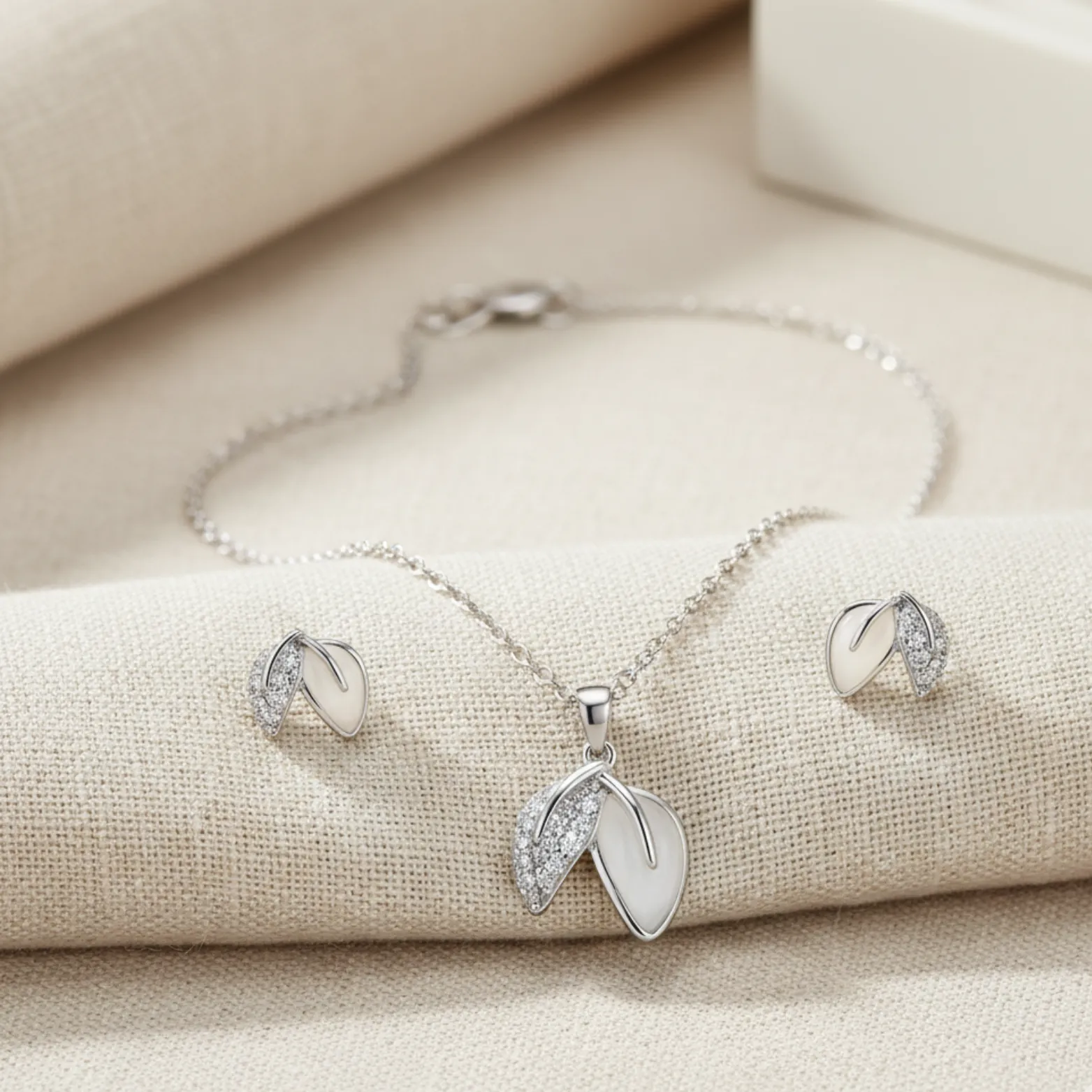 Dual Leaf Elegance Pendant and Earrings Set