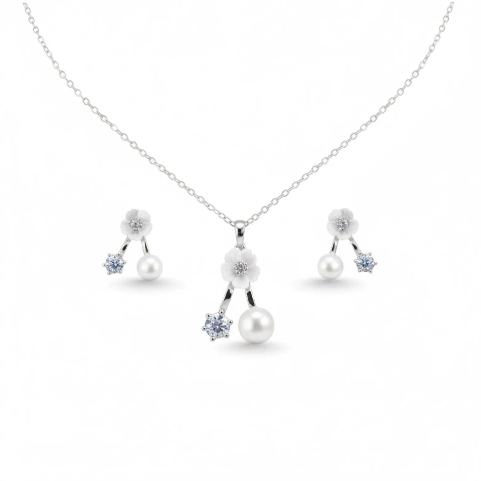 Blossom Pearl  CZ Silver Necklace Set