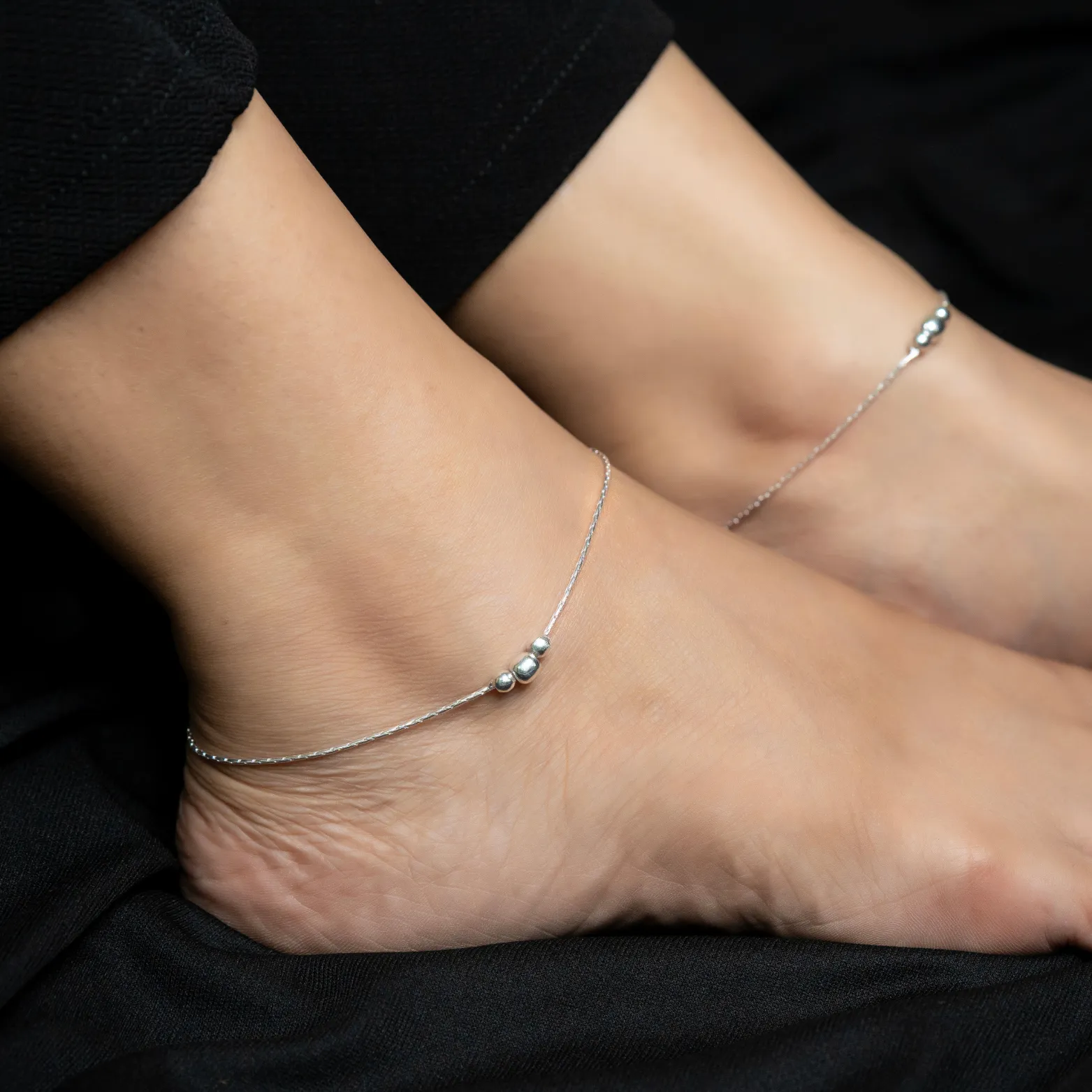 Silver 'Triple Orbit' Bead Chain Anklet 