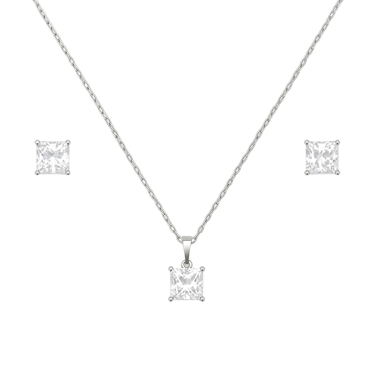 Princess Cut Solitaire Silver Pendant Set