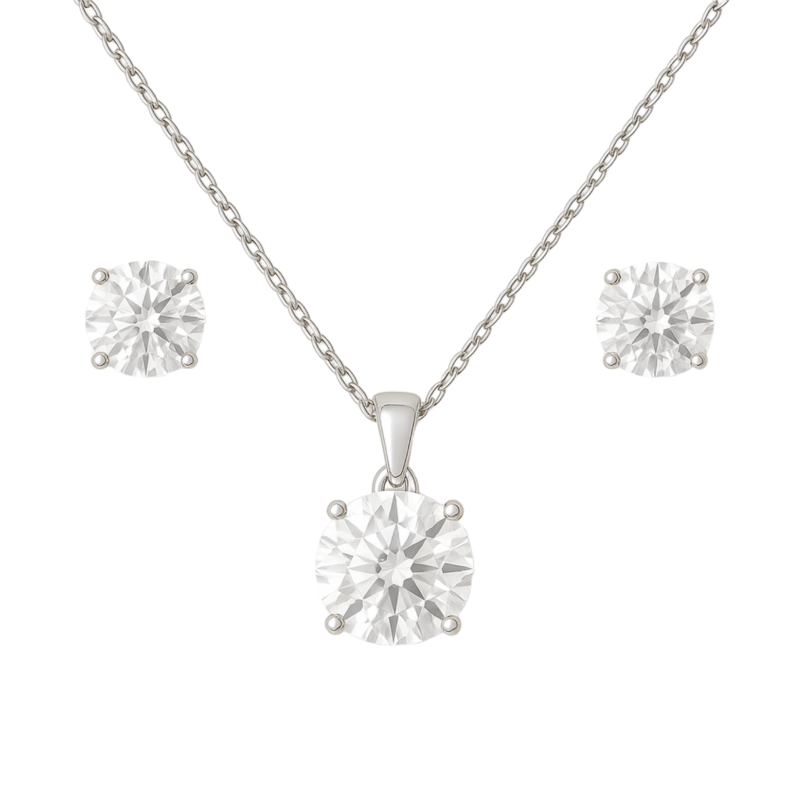  Round-Cut Solitaire Silver Pendant Set