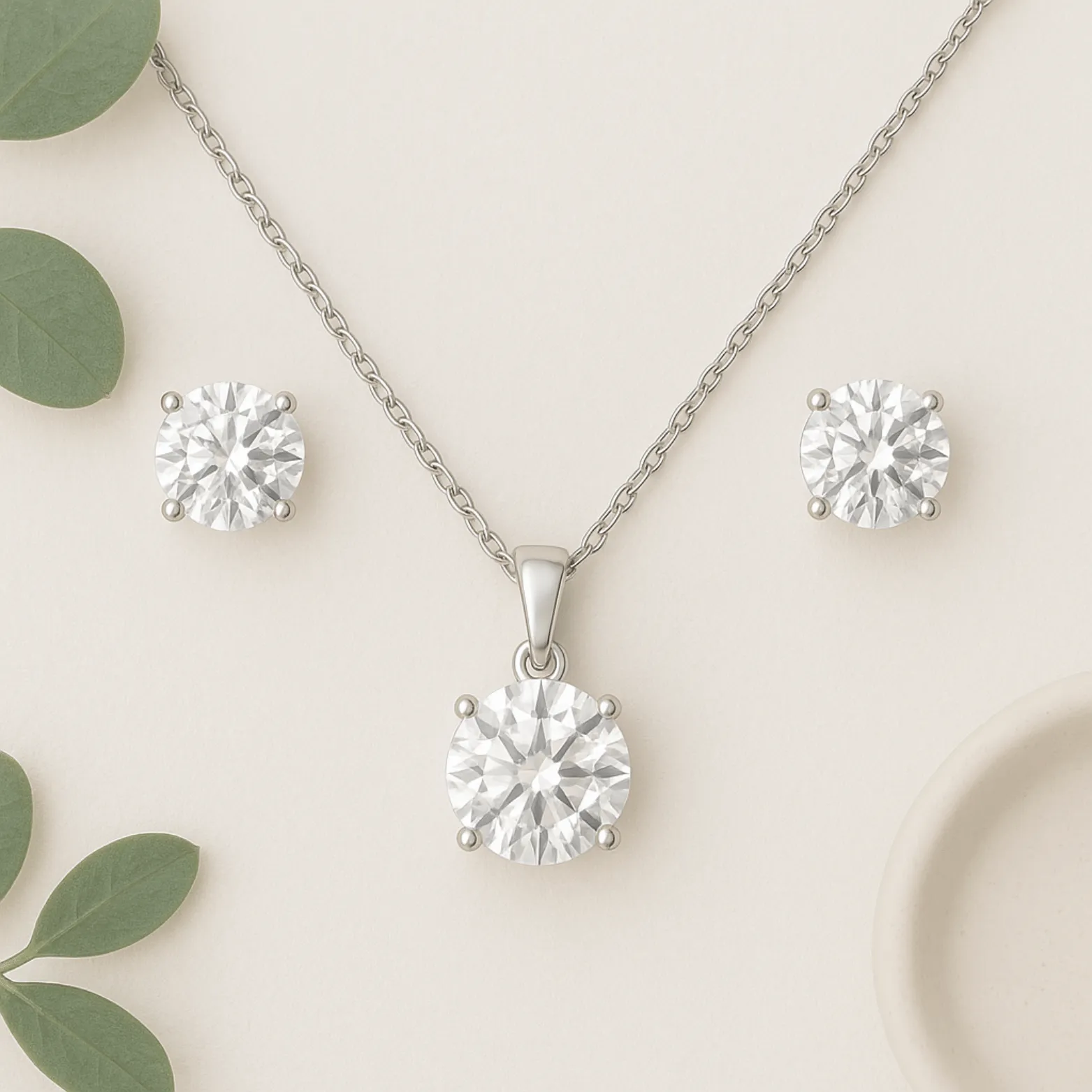  Round-Cut Solitaire Silver Pendant Set