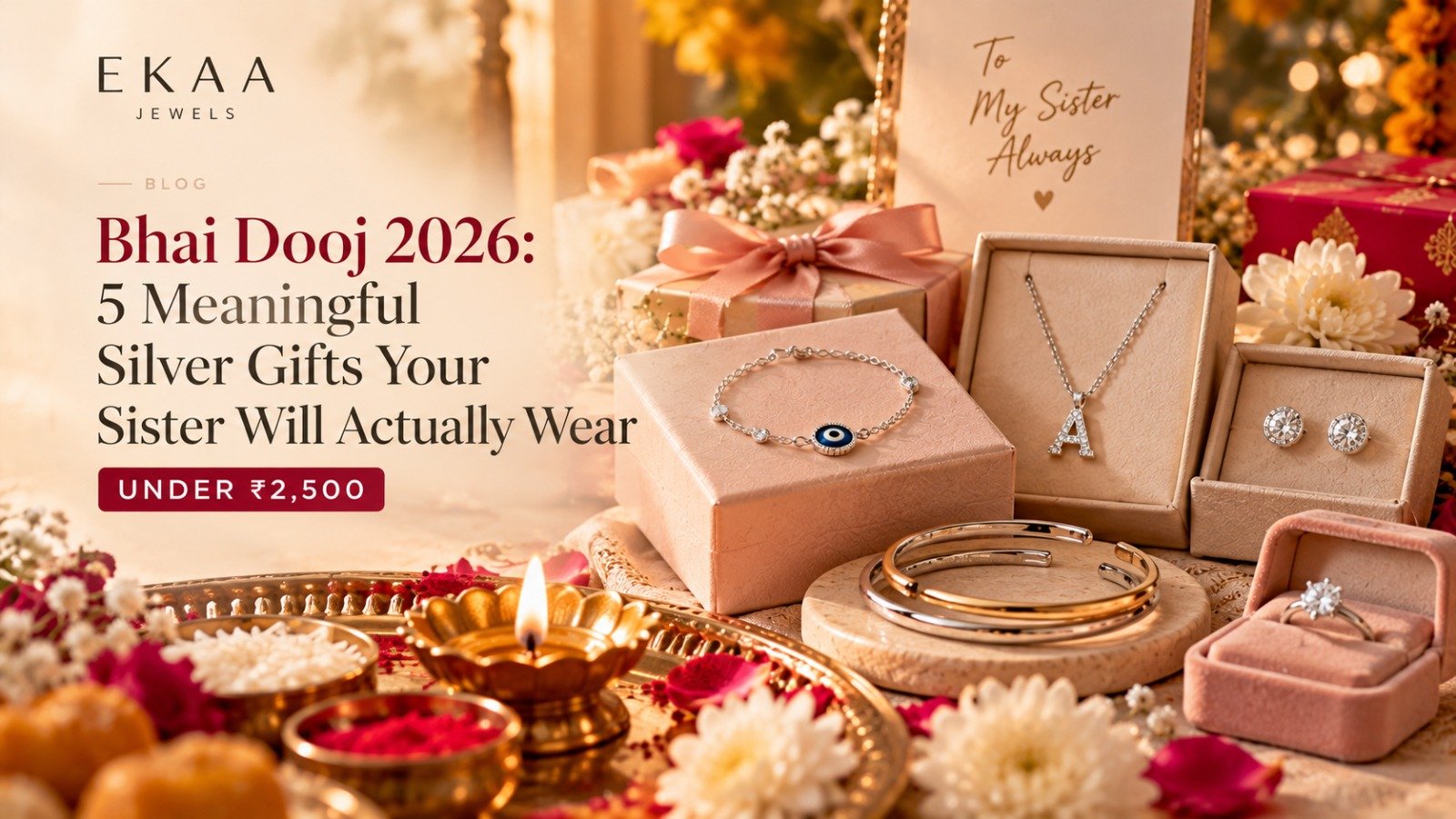 Celebrate Bhai Dooj 2026 with meaningful silver jewellery gifts for your sister, featuring elegant bracelets, initial pendants, sparkling studs, and rings in a warm festive setting.