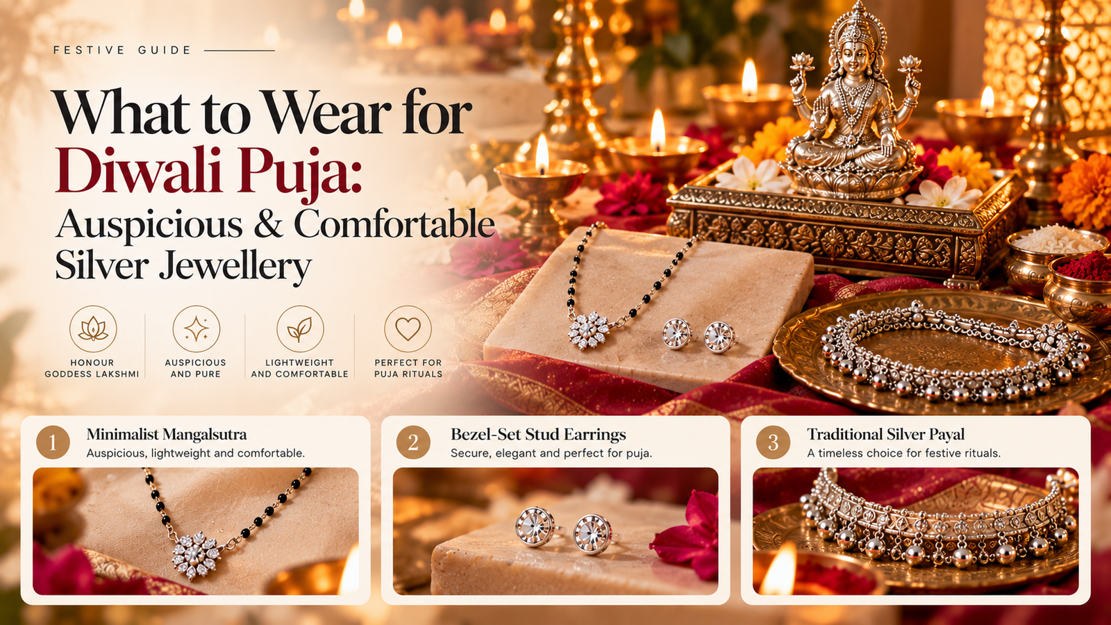 A luxurious Diwali-themed landscape banner featuring a beautifully decorated Lakshmi Puja setup with glowing diyas, marigold flowers, and elegant 925 sterling silver jewellery. The design highlights three comfortable festive essentials: a minimalist manga