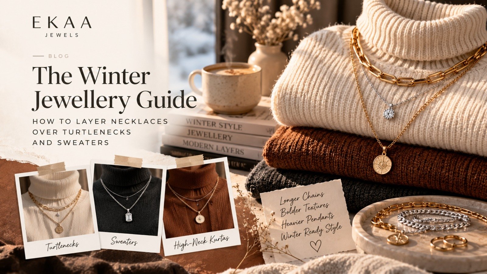 A fashion-magazine-inspired winter jewellery guide featuring layered silver and gold necklaces styled over cozy turtleneck sweaters, showcasing elegant winter layering ideas in warm neutral tones.