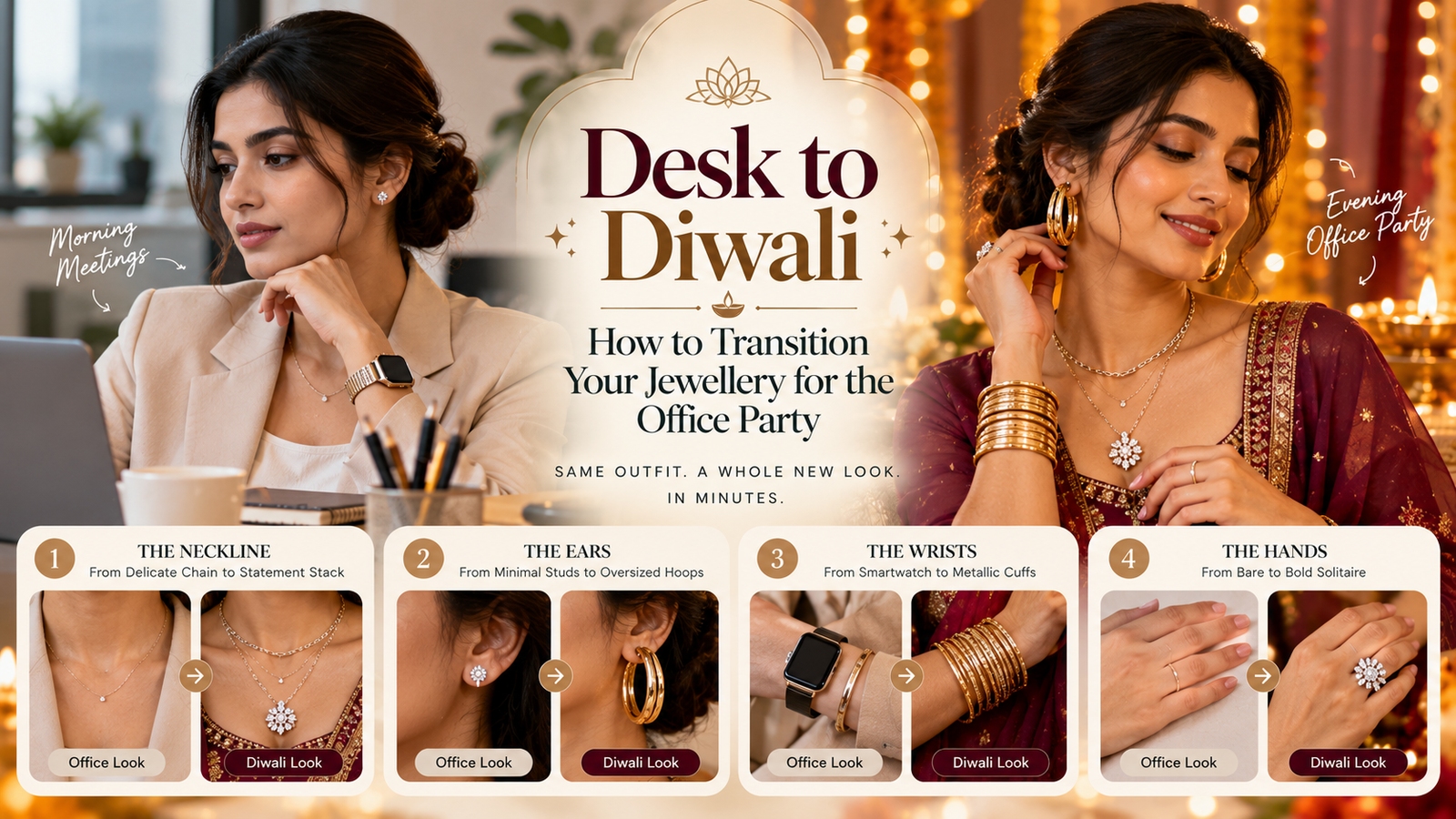 It features a split-screen transformation: a professional woman wearing minimal jewellery in a modern office on the left, and the same festive styling elevated with statement gold-toned jewellery against warm Diwali lights on the right. The bottom section