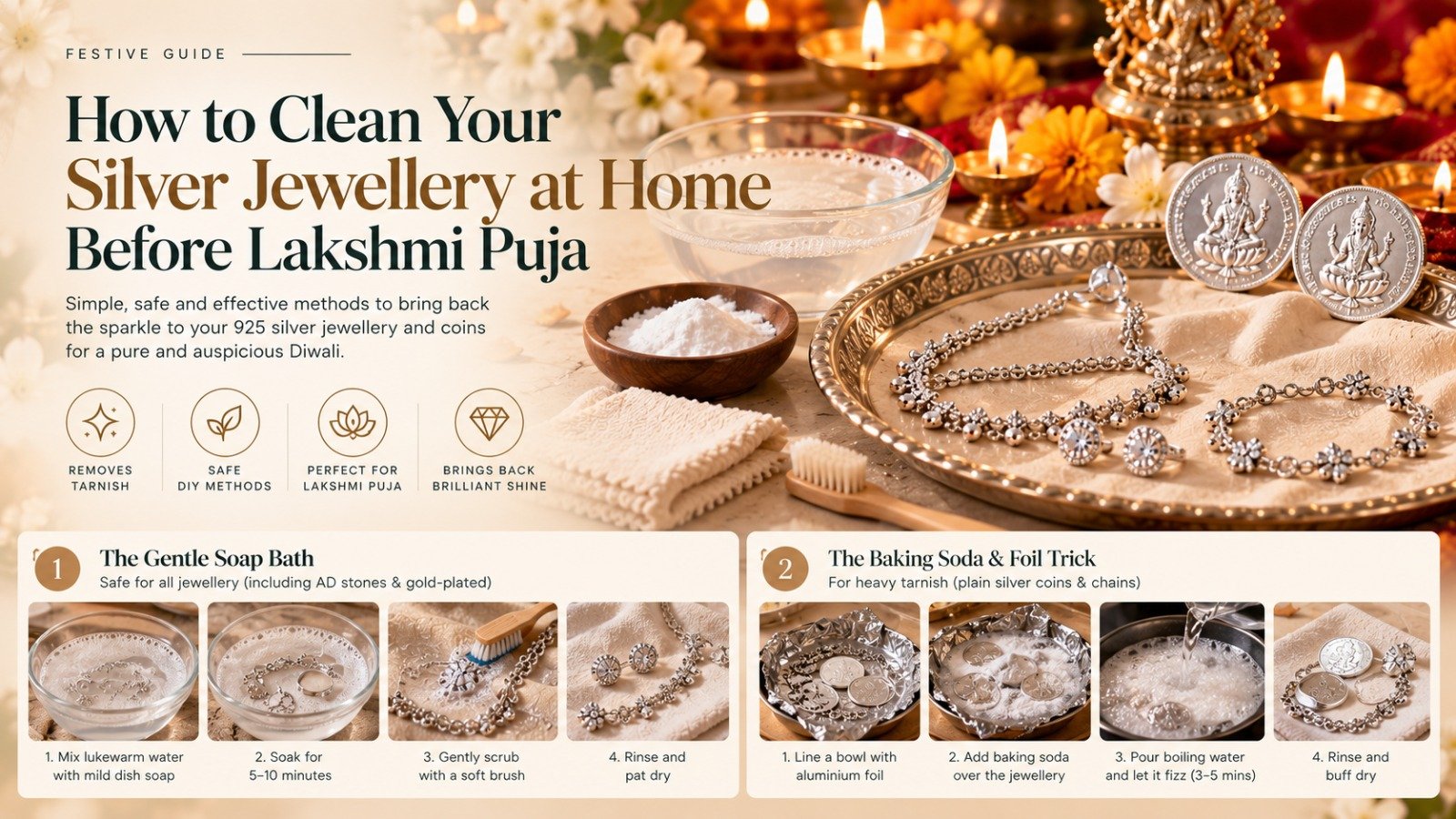 A luxurious Diwali-themed landscape banner featuring 925 sterling silver jewellery, puja coins, glowing diyas, and festive decorations. It illustrates two safe DIY silver-cleaning methods: a gentle soap bath for everyday jewellery and the baking soda-and-