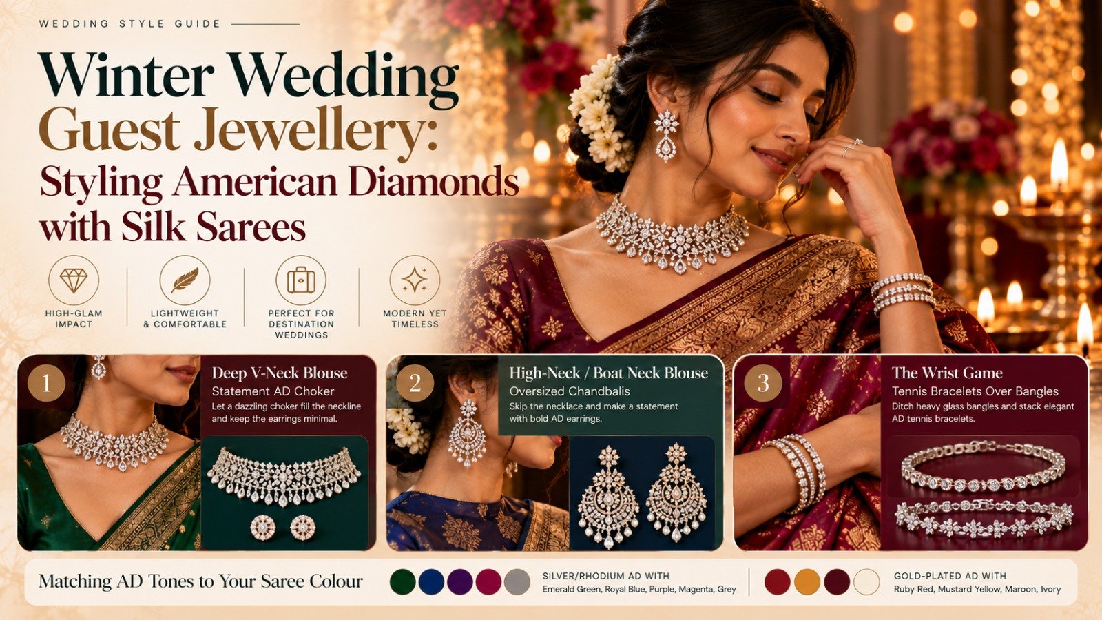 A luxurious winter wedding-themed banner featuring a woman in a rich maroon Banarasi silk saree adorned with sparkling American Diamond jewellery. It showcases elegant AD chokers, oversized Chandbalis, and tennis bracelets, with styling inspiration