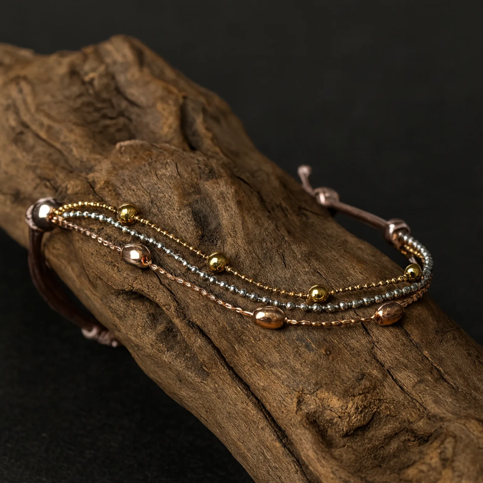 Tri-Tone Beaded Adjustable Silver Bracelet