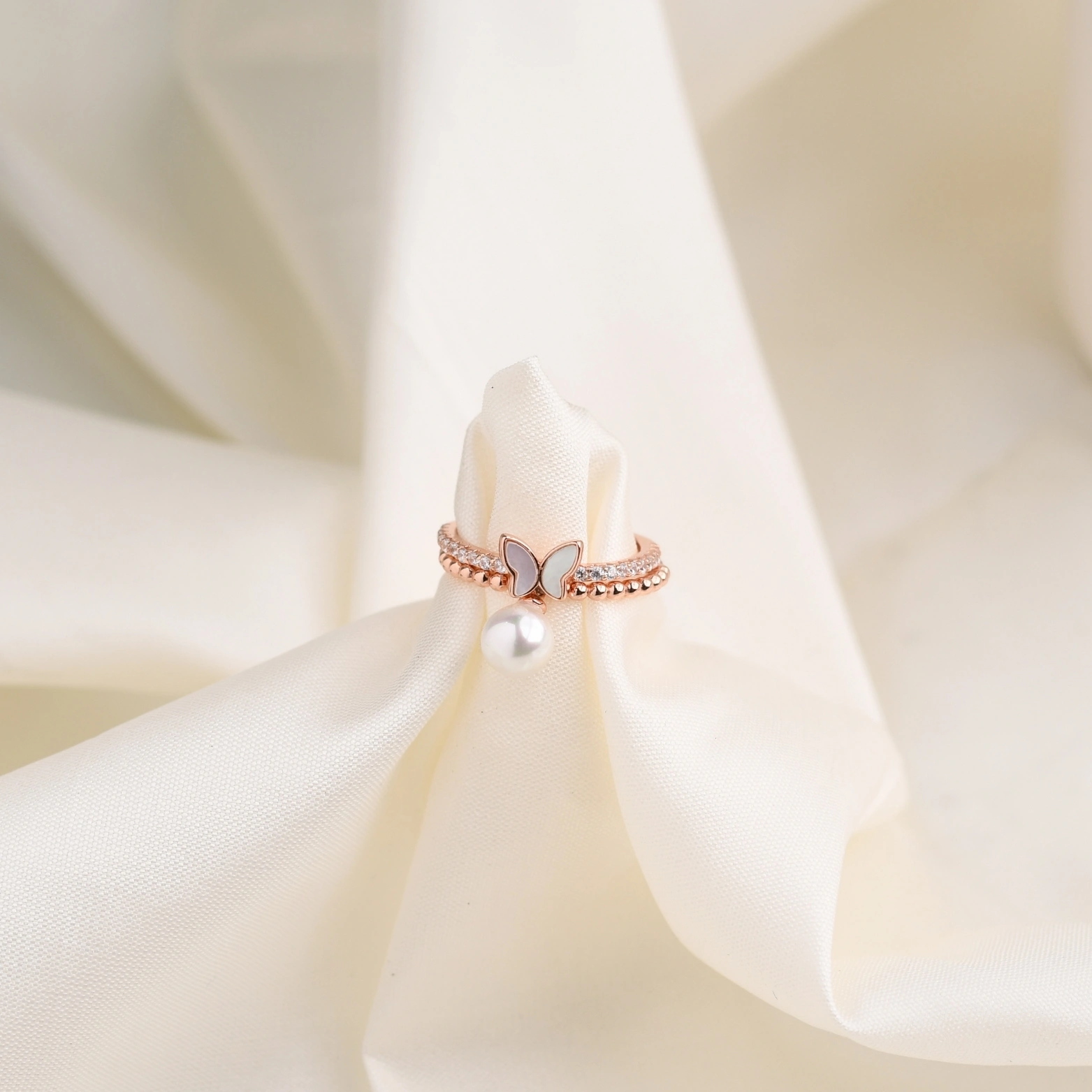 Butterfly and Pearl Harmony Rings Rose Gold