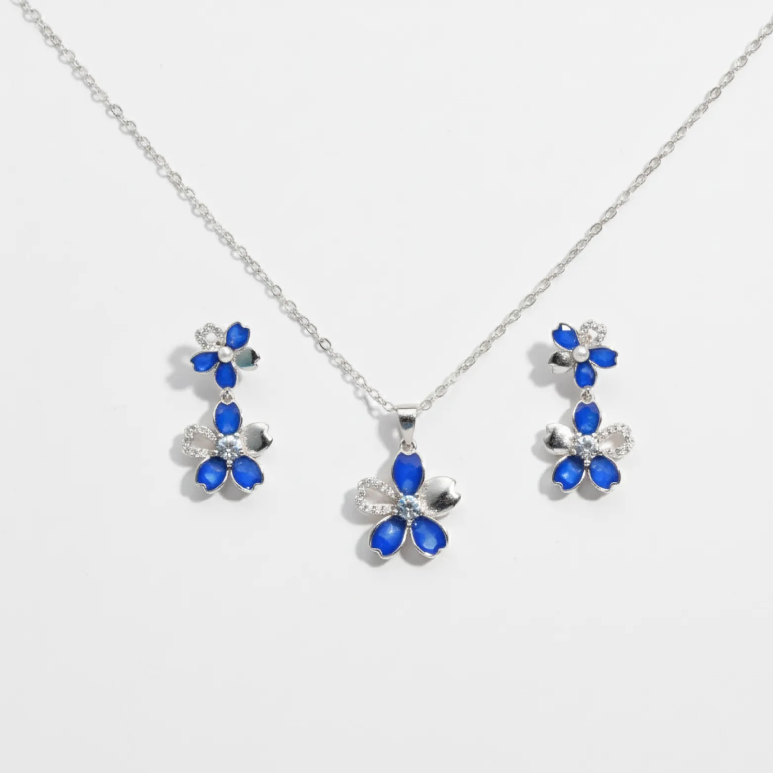 Blue Sapphire Blossom Pendant and Earrings Set