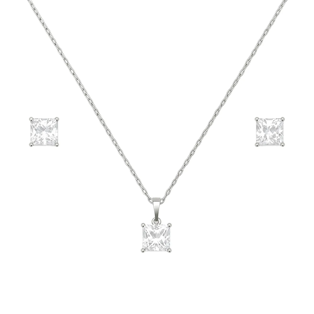 Princess Cut Solitaire Silver Pendant Set